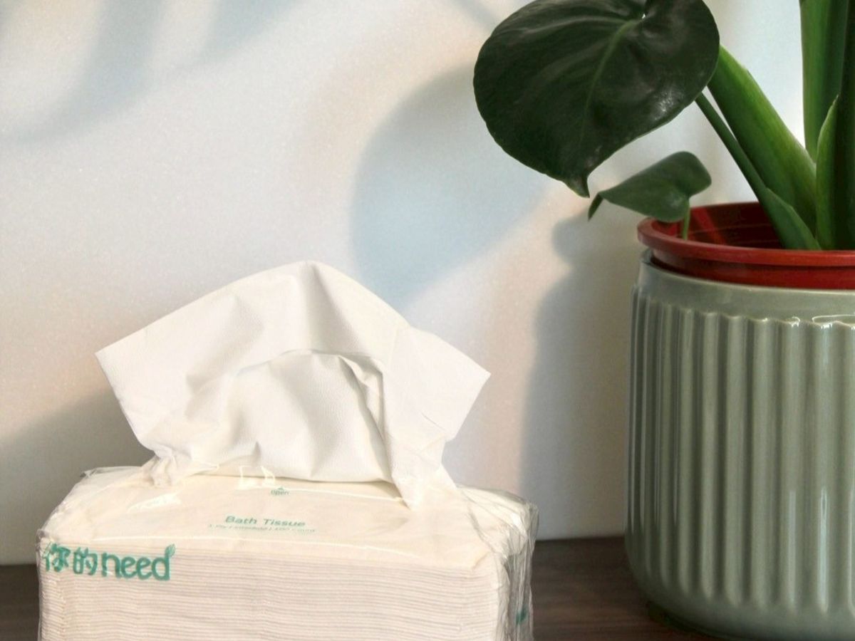 3-ply facial tissue pack with a tissue pulled up